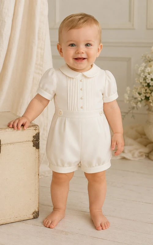 White Puff Sleeve Double Button Bib Christening Bubble Romper for Baby Boy