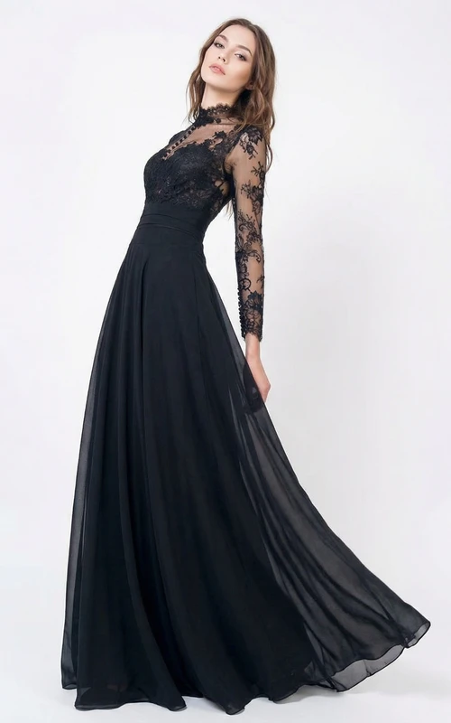 Hochgeschlossenes Spitzen- und Chiffonkleid mit Applikationen