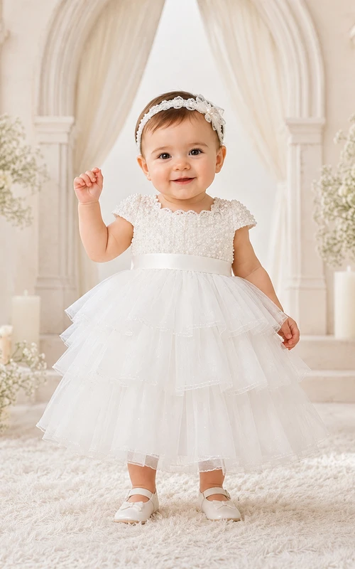 Layered Tulle Baby Baptism A-Line Cap Sleeve Tiered Dress Romantic Adorable Lace