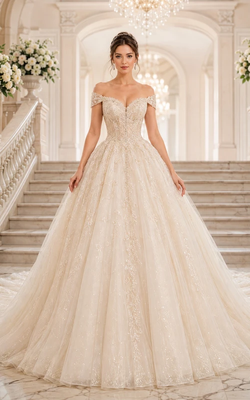 Robe de mariée romantique à épaules dénudées, manches courtes, dentelle appliquée, tulle, traîne chapelle
