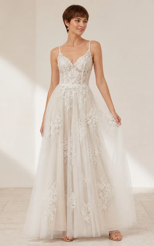 Boho-Hochzeitskleid in A-Linie mit V-Ausschnitt, Spaghettiträgern, Tüll und Spitzenapplikationen