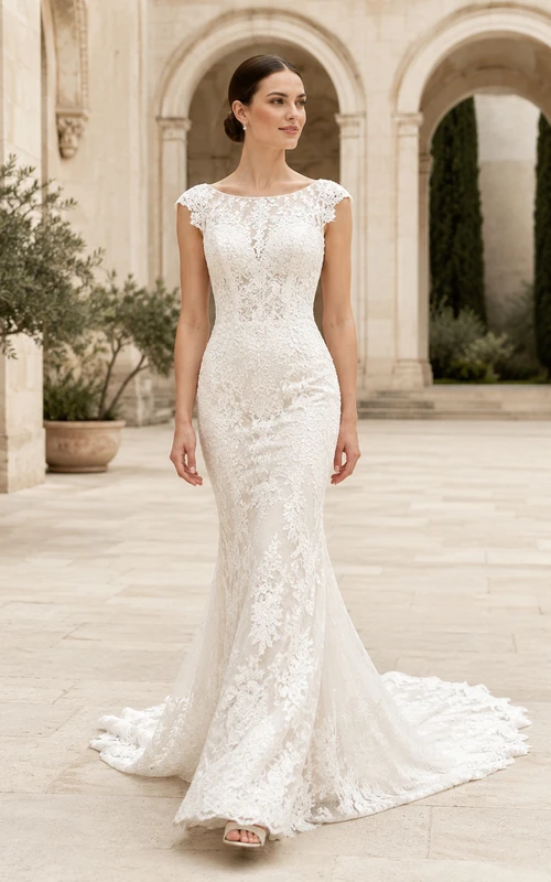 Robe de mariée sirène romantique à manches courtes en dentelle bateau et décolleté plongeant en V