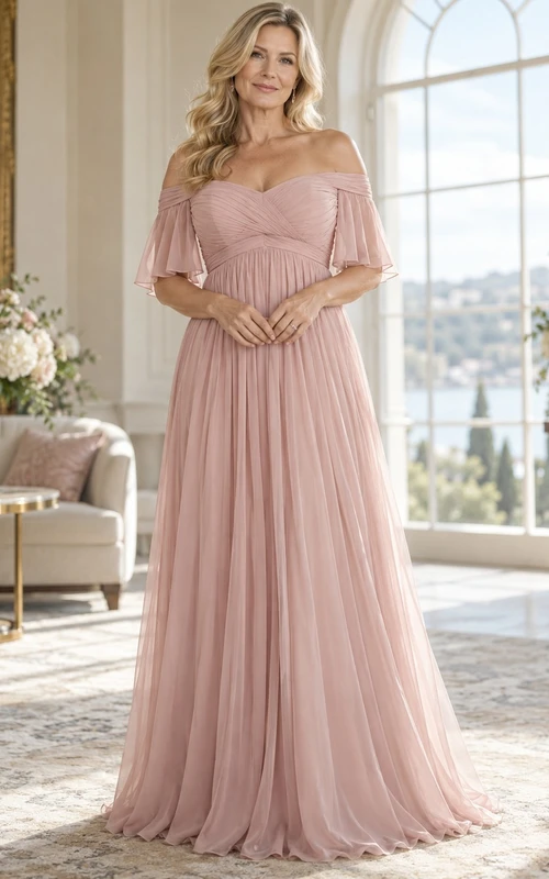 Vestido largo de gasa plisada de corte A, color rosa palo, con hombros descubiertos y cintura imperio, para segunda boda.