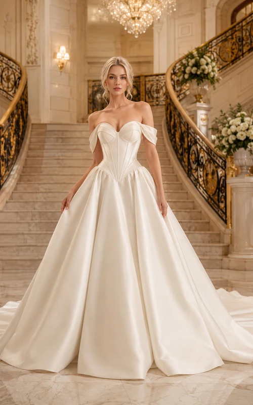 Vestido de novia de satén, estilo princesa, sin tirantes, escote corazón, cola catedral.