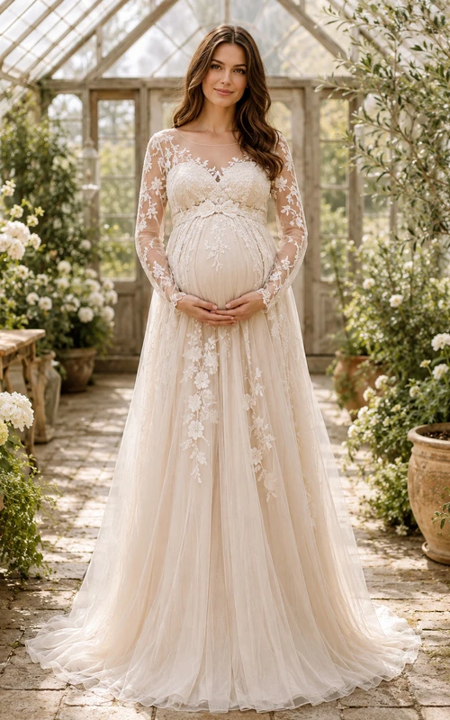 Vestido de novia premamá con cuello alto, efecto ilusión, manga larga, encaje, estilo jardín, con cola.