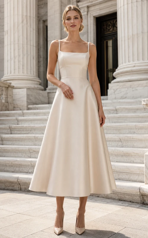 Robe de mariée midi en satin Champagne Courthouse à col carré et coupe trapèze