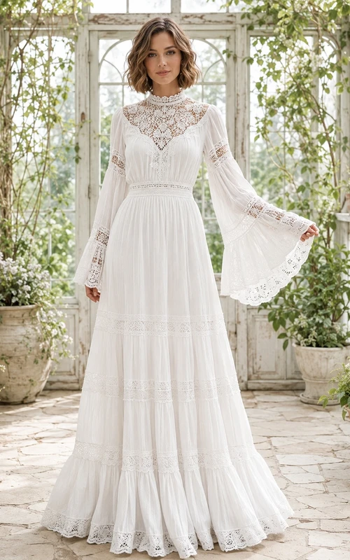 White High Neck Bell Sleeve Lace Chiffon Boho Maxi Dress