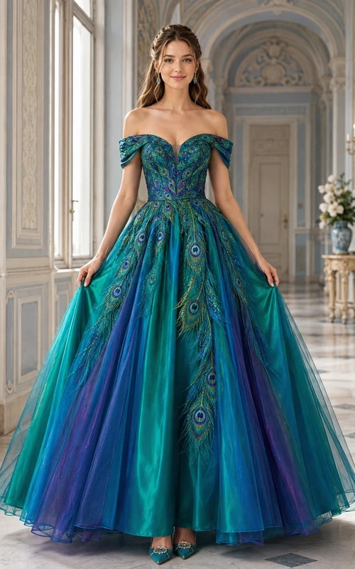 Peacock Prom Dress A-Line Tulle Printed Off-the-Shoulder Full Skirt Luxury Gown