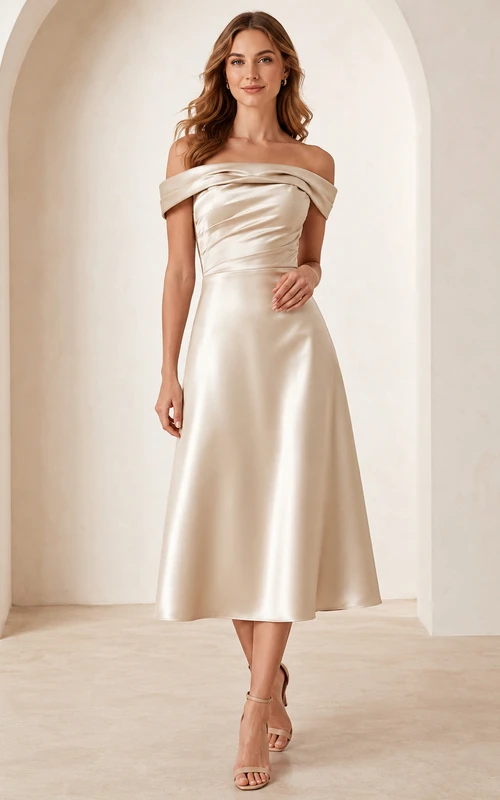 Champagne Off Shoulder Satin Tea Length A Line Cocktail Dress