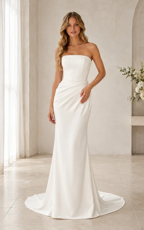 Vestido de novia sencillo, recto, sin tirantes, con cintura drapeada y largo hasta el suelo