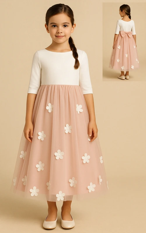 Vestido de niña de flores de satén y tul con escote redondo y mangas cortas, con lazo.