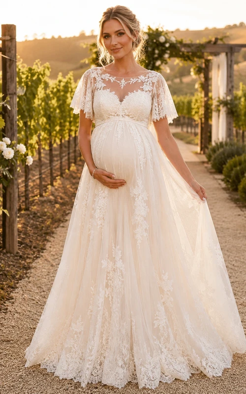 Romantisches Umstands-Brautkleid mit Schmuckkragen, flatternden Spitzenärmeln und Empire-Schnitt