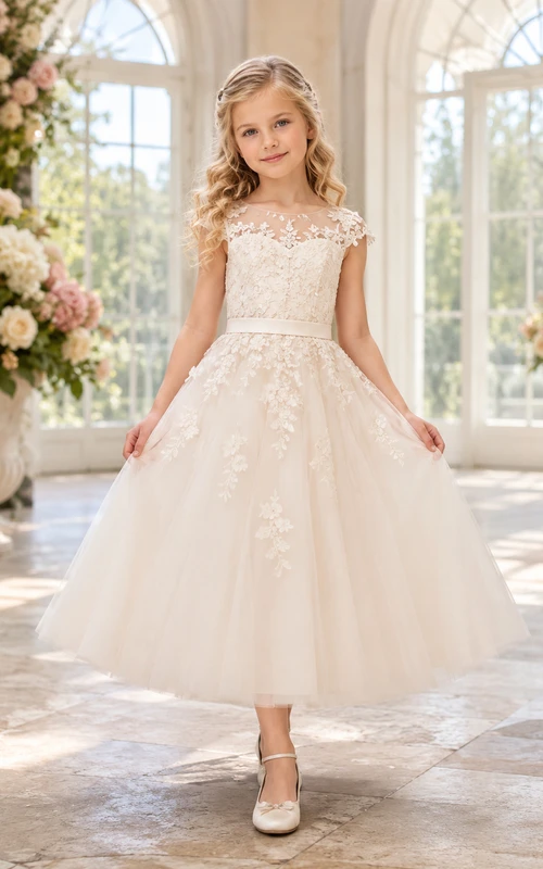 Blumenmädchenkleid aus elfenbeinfarbener Spitze und Tüll, A-Linie, Rundhalsausschnitt, Teelänge
