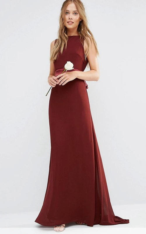 Vestido de dama de honor largo sin mangas de gasa con escote joya y lazo, corte en A