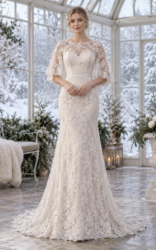 Bateau Floral Lace Sheath Wedding Scalloped Short Cape Dress