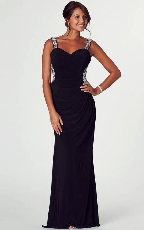 Sheath Straps Floor-Length Beaded Chiffon Prom Dress With Backless Style And Side Draping