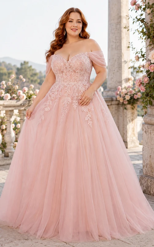 Petal Crown Blush Ballkleid, bodenlang, schulterfrei, kurze Ärmel, luxuriöses Tüll-Abendkleid