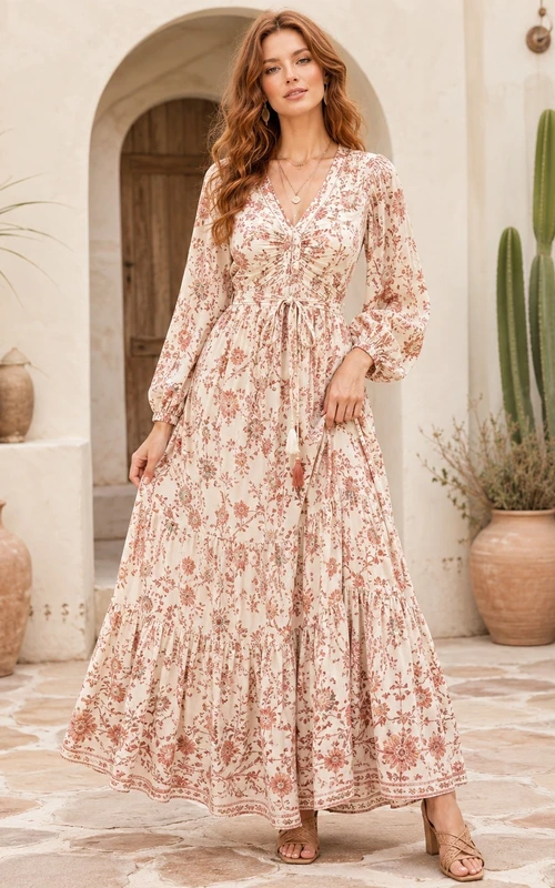 Rosa geblümtes Chiffonkleid im Boho-Stil mit Rundhalsausschnitt, Dreiviertelärmeln und bodenlangem Schnitt