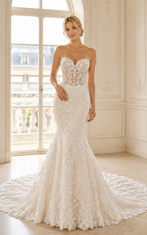 Trägerloses Brautkleid im Meerjungfrauenstil mit herzförmigem Ausschnitt, floraler Spitze und luxuriöser Kathedralenschleppe
