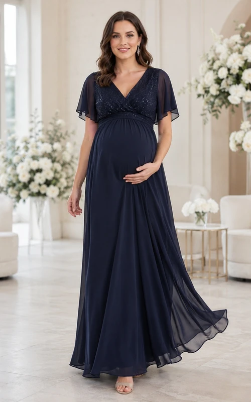 Dark Navy V-Neck Short Sleeve Chiffon Empire Maternity Gown