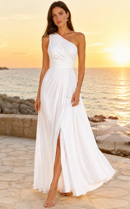 Beach One Shoulder White Chiffon Floor Length Split Evening Dress