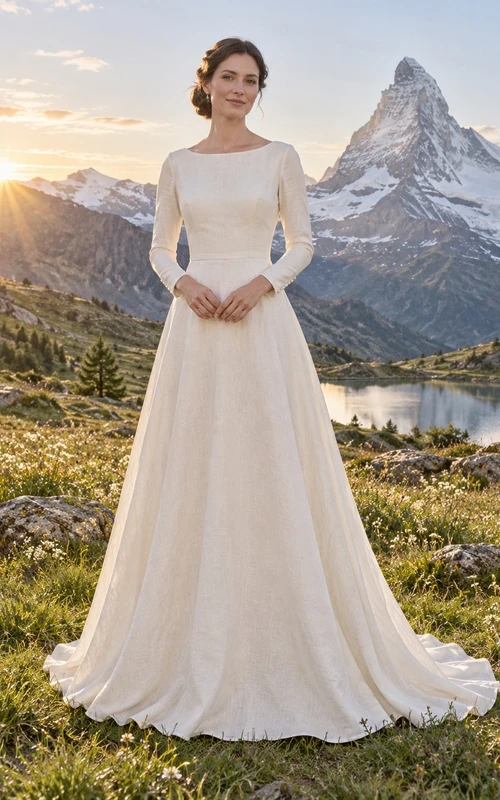 Vestido de novia sencillo de corte A con escote barco, confeccionado en lino, de manga larga y cola.