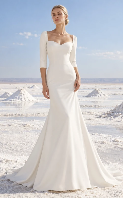 Vestido de novia sencillo con escote corazón, mangas tres cuartos, corpiño liso y cola de sirena.