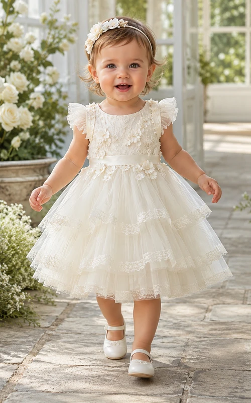 Robe de baptême pour bébé, coupe trapèze, corsage en dentelle florale et tulle superposé, romantique, élégante et adorable, manches courtes ornées de bijoux.