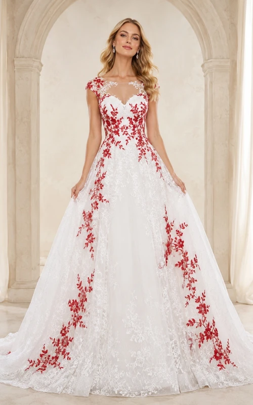 Brautkleid aus rotem, floralem Spitzenstoff, V-Ausschnitt, kurzen Ärmeln, Tüll, A-Linie und Kapellenschleppe
