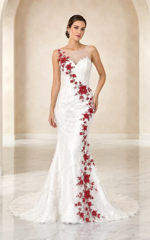 Modernes, rotes, modernes Brautkleid im Meerjungfrauenstil mit floralem One-Shoulder-Ausschnitt, Illusionsspitze und Schleppe aus roter Spitze.