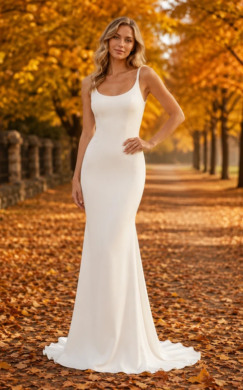 Simple Autumn Square Neck Crepe Sheath Wedding Dress