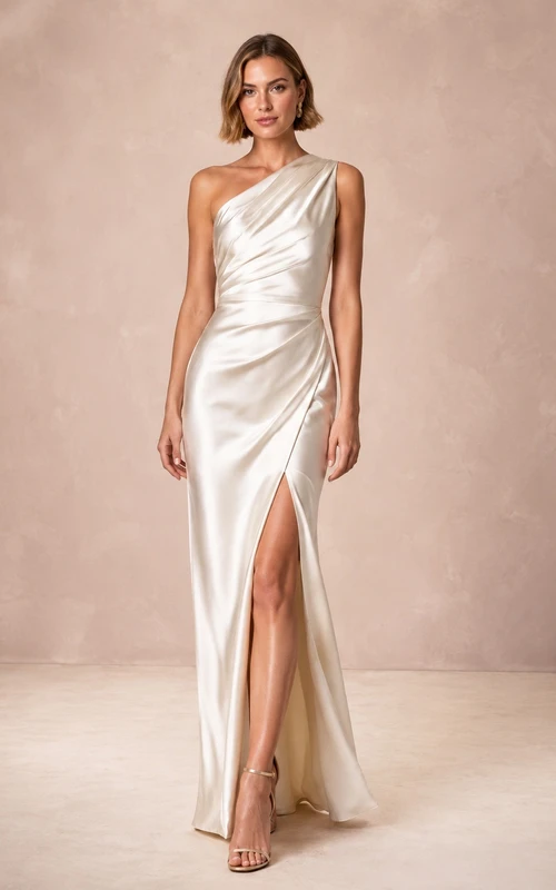 Modern One-Shoulder Satin Sheath Floor-Length Split Elopement Wedding Dress