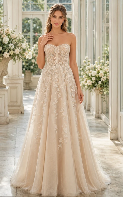 Lace Strapless A-Line Bridal Gown Chapel Train Ceremony Dress