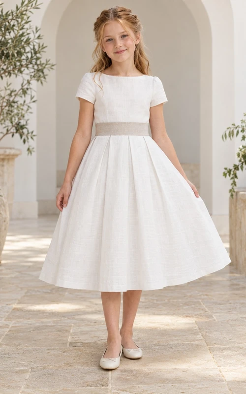 Simple Modest White Tea-length Short Sleeve Taupe Sash Narrow Pleat Flower Girl Dress