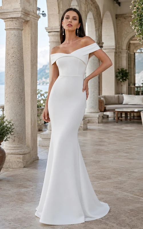 Robe de mariée sirène simple en satin à épaules dénudées et décolleté en cœur pour réception