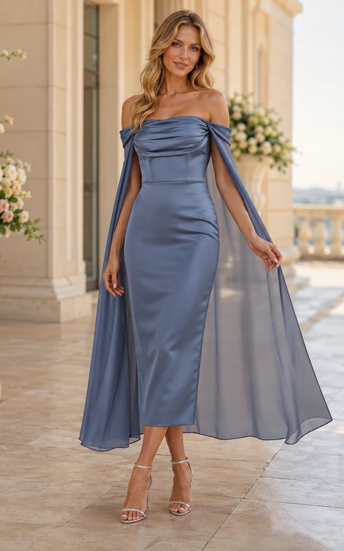 Vestido de noche de satén azul acero con hombros descubiertos y capa, largo hasta la rodilla, ideal para invitadas.