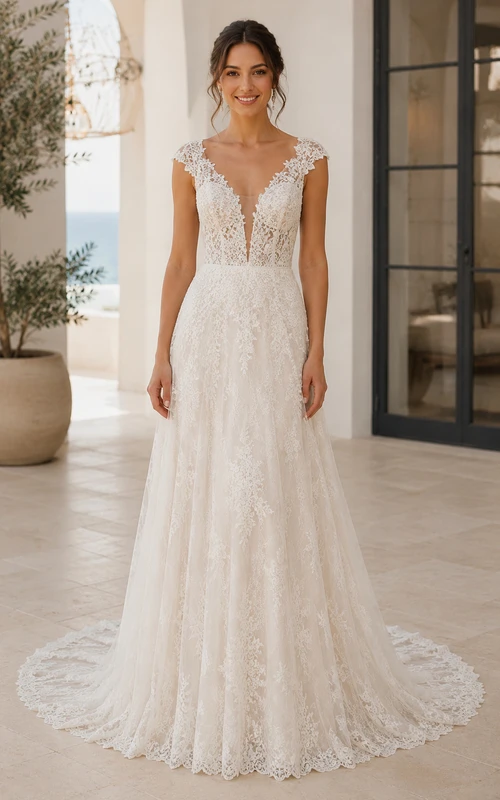 Vestido de novia de corte A con mangas cortas, encaje, escote en V pronunciado y cola baja en V.