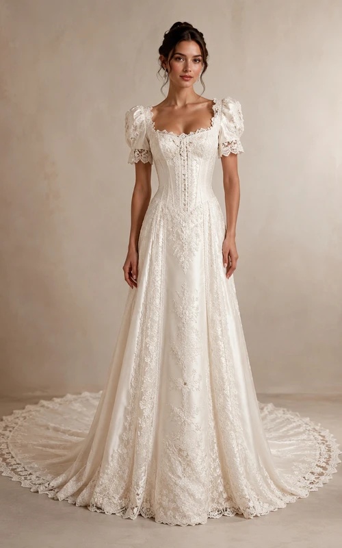 Vestido de novia vintage de corte A con escote cuadrado y mangas abullonadas de encaje