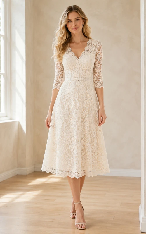 Ivory V-Neck Three-Quarter Lace Sleeve A-Line Tea Guest Dress Garden