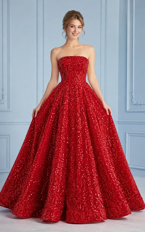 Red Sequin Strapless Layered Tulle Ball Gown Prom Dress