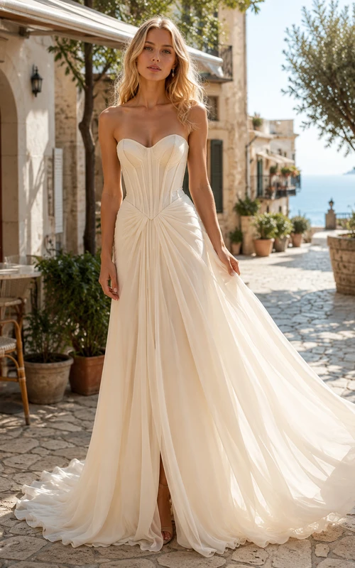 Robe bustier fendue en mousseline de soie pour une escapade romantique dans un village italien