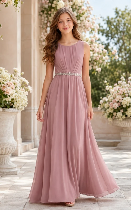 Elegantes, ärmelloses Brautjungfernkleid in Altrosa mit A-Linien-Schnitt, Chiffon und Kristallverzierungen.