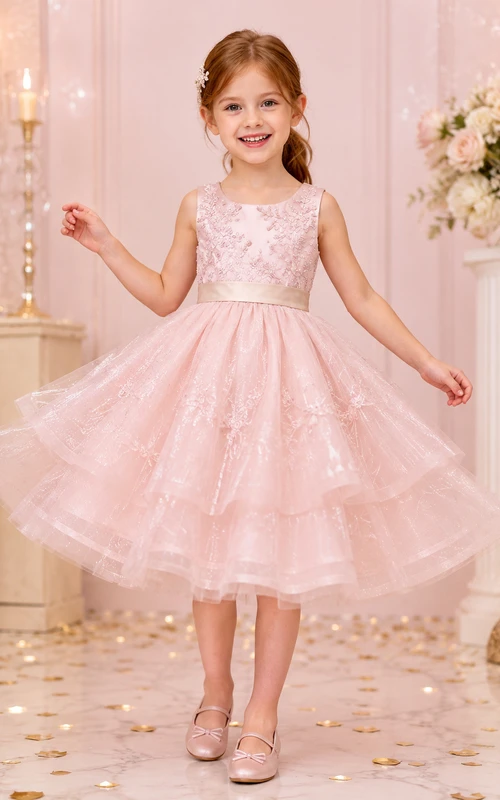 Romantic Adorable Flower Girl Dress Jewel Neck Sleeveless Tiered Tulle Tea Length Ruffles