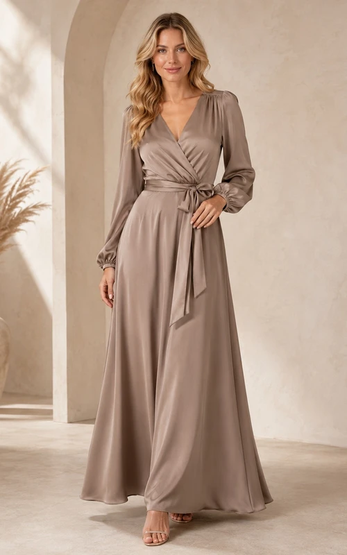 Long Sleeve Simple A-Line Wrap Sash Taupe Formal Evening Dress