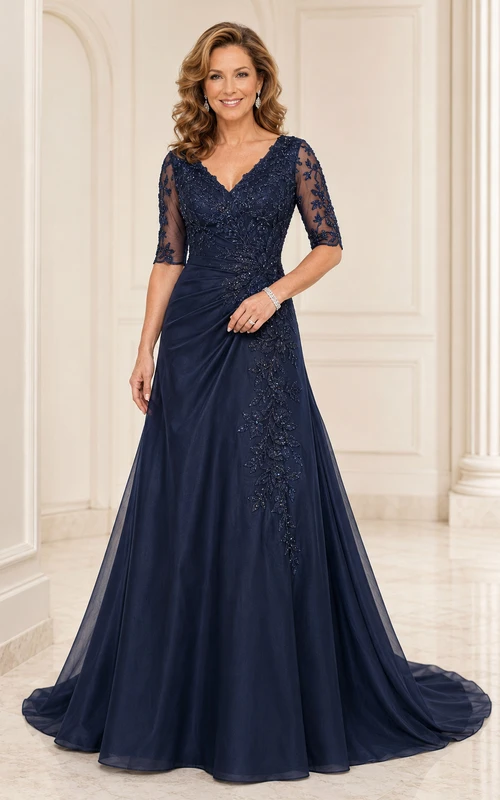 Dark Navy V-Neck Chiffon A-Line Mother Dress with Three Quarter Lace Sleeves