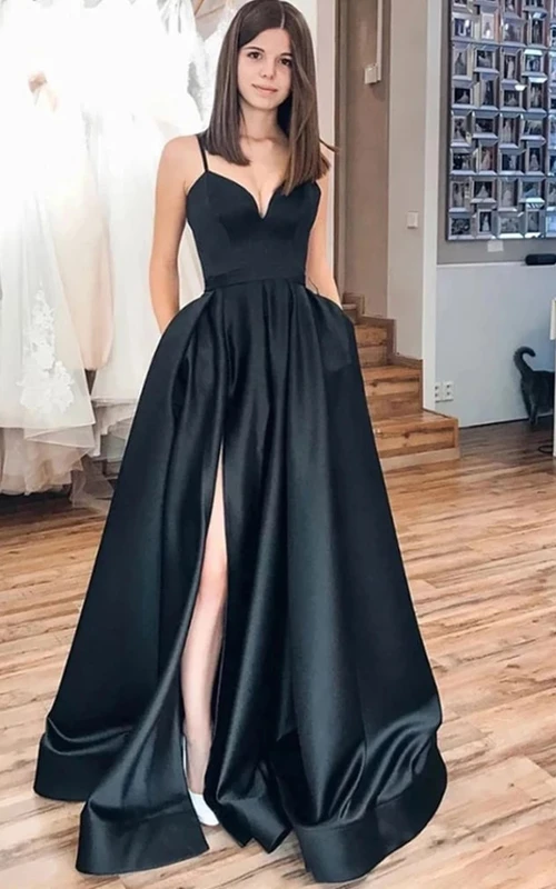 Satin-Abendkleid in A-Linie, bodenlang, mit Schleppe, ärmellos und mit Schlitz vorne