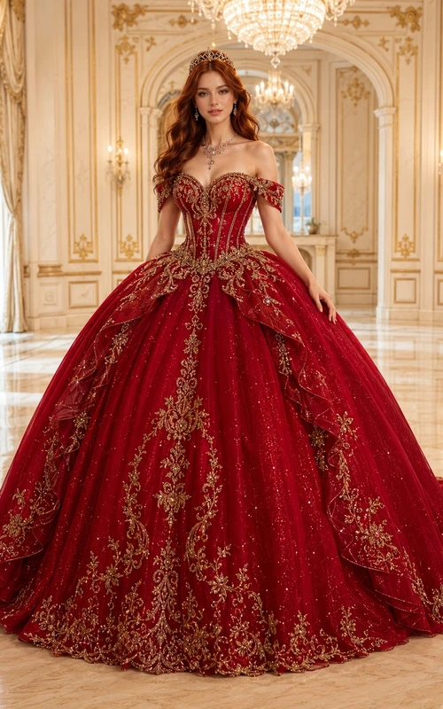 Vestido de quinceañera rojo de princesa con hombros descubiertos y bordados dorados