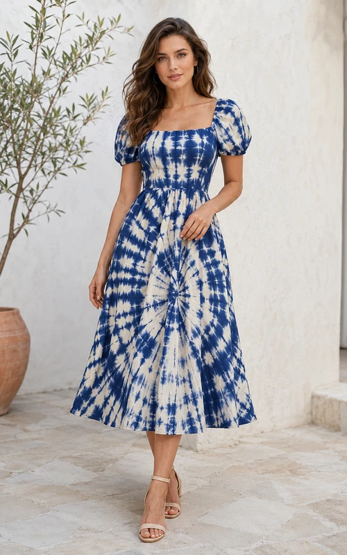 Blue Shibori Square Neck Puff Sleeve Midi Dress