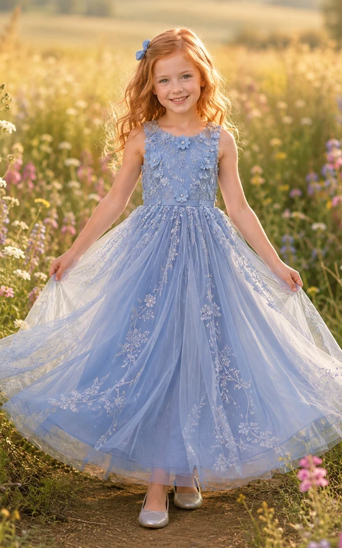 Sky Blue Flower Girl Dress Luxury Ankle-Length Ball Gown Sleeveless 3D Floral Embroidered Tulle