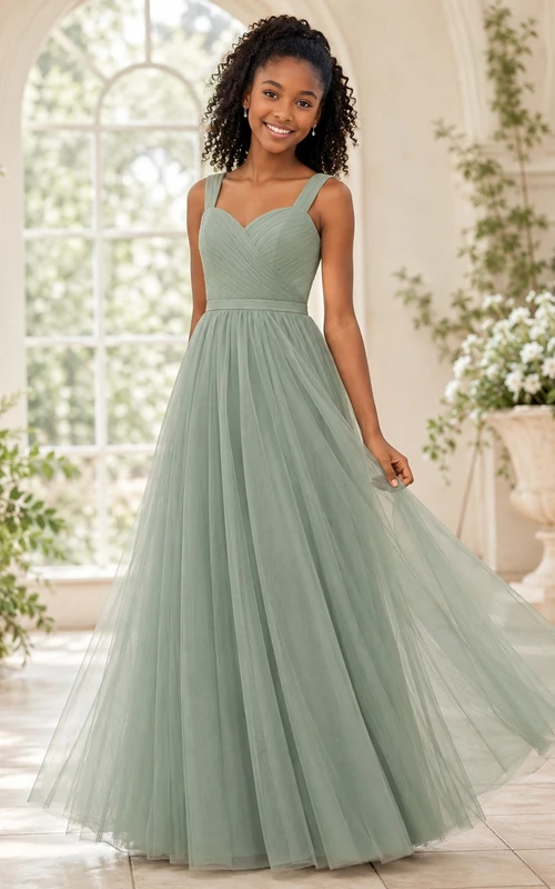 Vestido de dama de honor juvenil color celadón, corte en A, escote corazón, sin mangas
